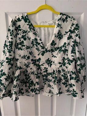 Hyacinth House White V-Neck Peplum Camisole with Green Floral Print